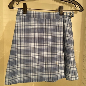 J Galt, Blue plaid mini‎ skirt with buckle.